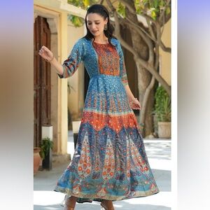 Juniper Satin Blue, Gold and Orange Maxi Dress size M